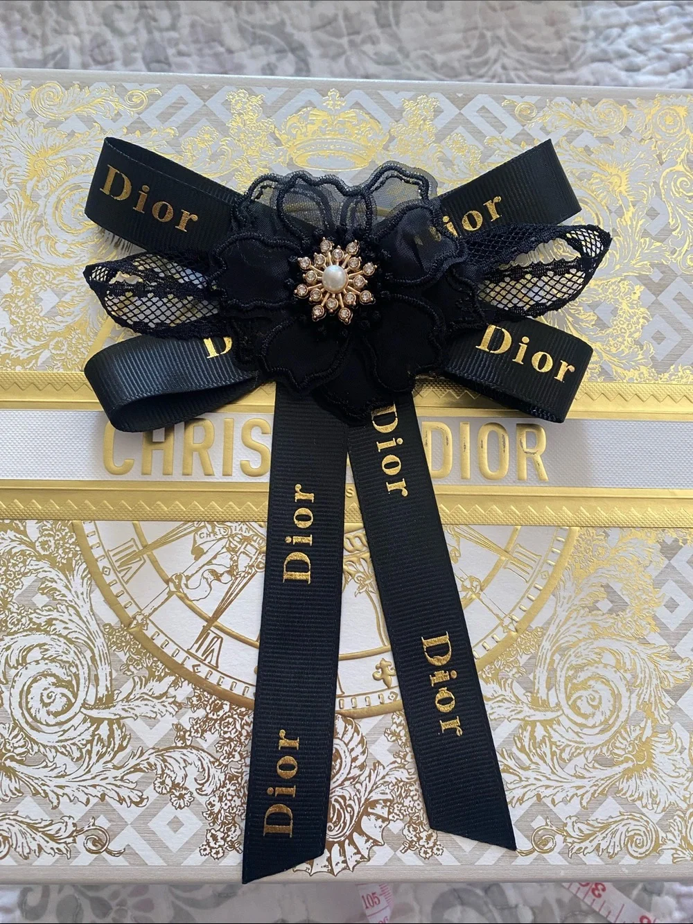 Dior Black Ribbon Brooch with Gold Logo and Pearl Floral Center Hairclip handmad